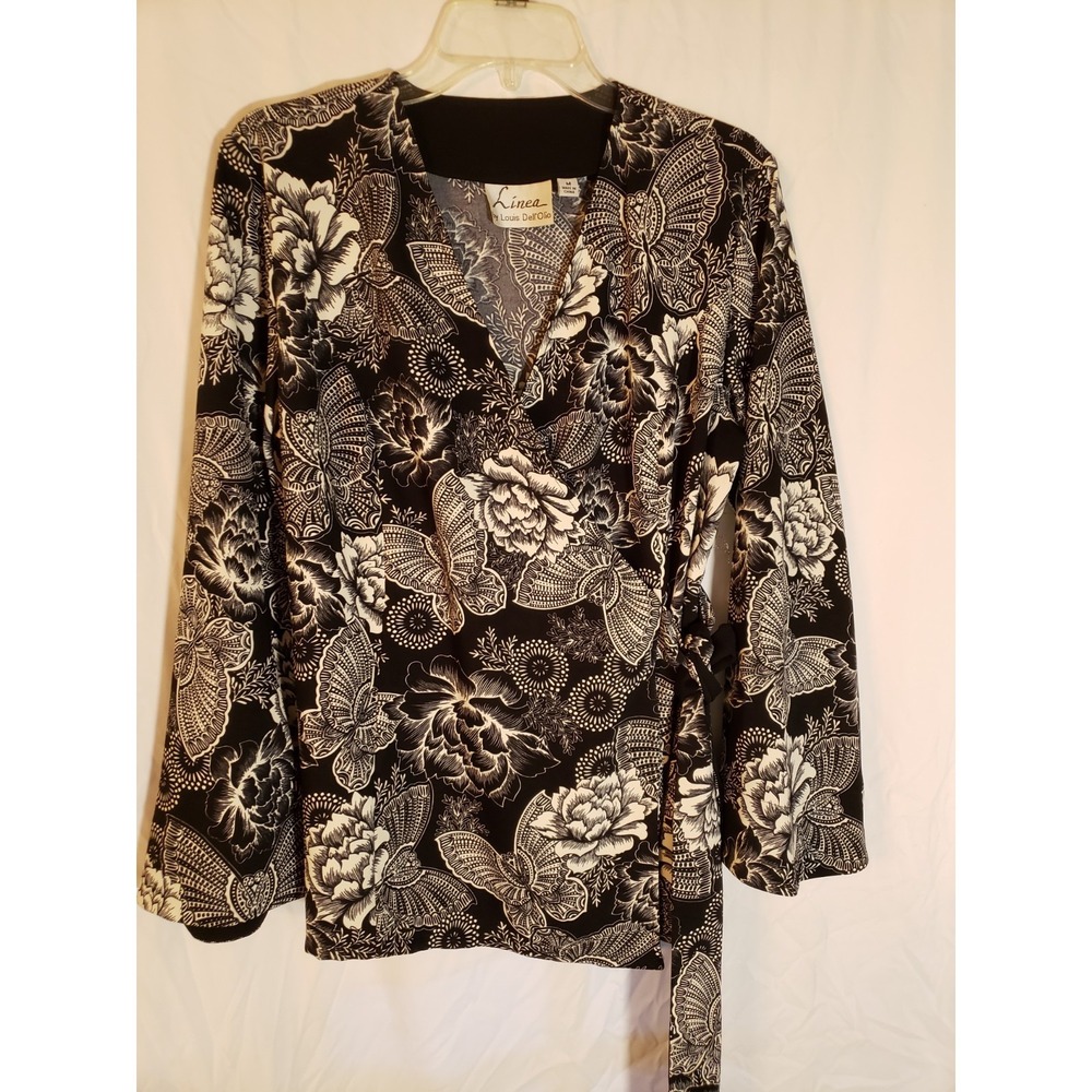 Women's Linea Black Floral Wrap Blouse Size M